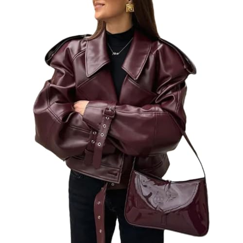 FYHTC Damen Kunstlederjacken Bomberjacken Übergroße Motorradjacken Herbstjacken Kragen Reißverschlussmäntel Y2k Outfits(Small) von FYHTC