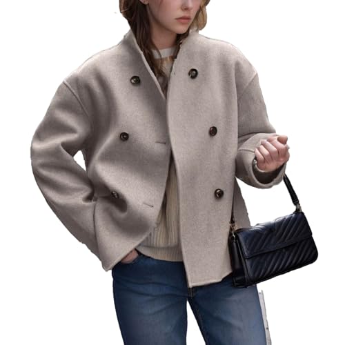 FYHTC Damen Mantel Trenchcoat Langarm Elegante Knöpfe Stehkragen Warm Übergangsmantel Kurzer Wintermantel Herbst Winter Jacke Parka mit Reverskragen Wollmantel(Khaki,Small) von FYHTC