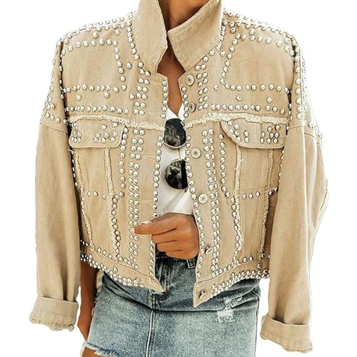 FYHTC Damen Modische Kurze Jeansjacke mit Revers, Langen Ärmeln Button Down Jeansjacke mit Nieten Mantel(Beige,Small) von FYHTC
