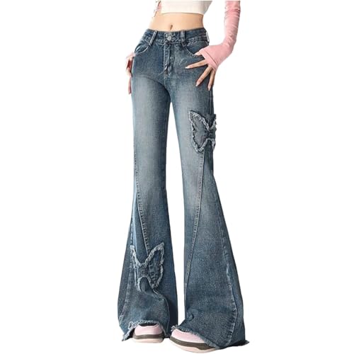 FYHTC Damen Schlagjeans Y2K Butterfly Jeans Grunge Kleidung Distressed Vintage Bell Bottom Low Rise Jeans(Blue,X-Large) von FYHTC