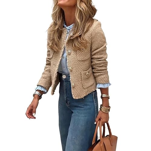 Damen Tweed Jacke Slim Fit Dick Langarm Freizeit Business Jacke Elegant Blazer Kurzjacke Büro Jacke Kurz Mantel Anzüge Bolero(Gold,X-Small) von FYHTC