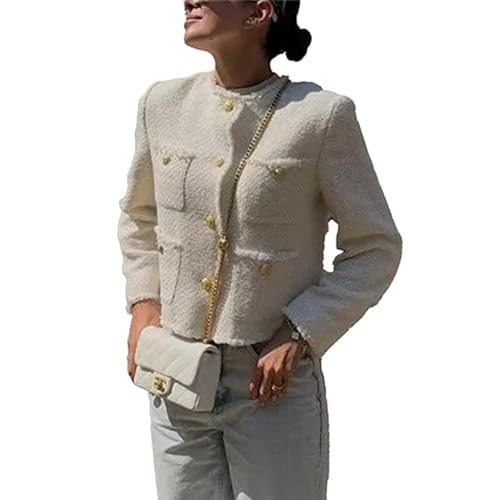 Damen Tweed Jacke Slim Fit Dick Langarm Freizeit Business Jacke Elegant Blazer Kurzjacke Büro Jacke Kurz Mantel Anzüge Bolero(White,Small) von FYHTC