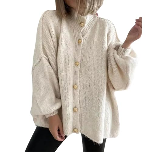 FYHTC Damen Winter Cardigan mit Knopfleiste, Damen Y2k Strick Oversized Sweater Laternenärmel Rollkragen Oberbekleidung(Apricot,Medium) von FYHTC