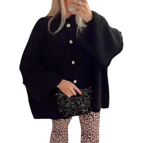 FYHTC Damen Winter Cardigan mit Knopfleiste, Damen Y2k Strick Oversized Sweater Laternenärmel Rollkragen Oberbekleidung(Black,Small) von FYHTC