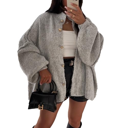 FYHTC Damen Winter Cardigan mit Knopfleiste, Damen Y2k Strick Oversized Sweater Laternenärmel Rollkragen Oberbekleidung(Gray,Small) von FYHTC