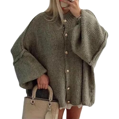 FYHTC Damen Winter Cardigan mit Knopfleiste, Damen Y2k Strick Oversized Sweater Laternenärmel Rollkragen Oberbekleidung(Green,Medium) von FYHTC