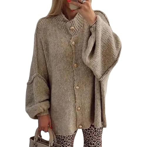 FYHTC Damen Winter Cardigan mit Knopfleiste, Damen Y2k Strick Oversized Sweater Laternenärmel Rollkragen Oberbekleidung(Khaki,Small) von FYHTC