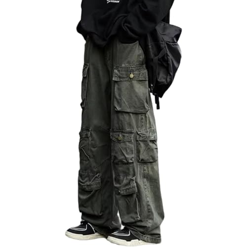 FYHTC Gothic Emo Alt Cargohose Hippie Baggy Jeans Mom Goth Punk Schwarze Denimhose Cyber ​​Y2k Hose Akademische Dunkle Kleidung(Green,XXX-Large) von FYHTC
