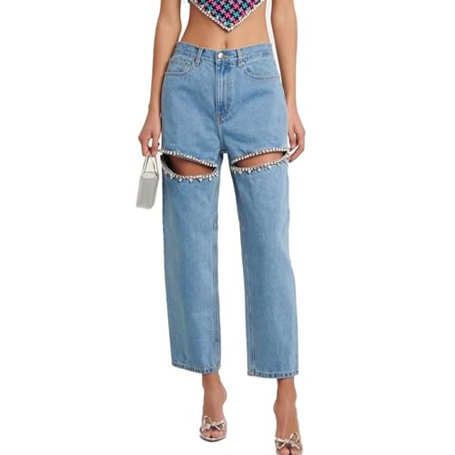 FYHTC Jeans mit Cut-Out Und Strass, Gerades Bein Hohe Taille Zerrissene Jeans mit Perlen, Boyfriend Jeanshose mit Kette(Blue,Large) von FYHTC