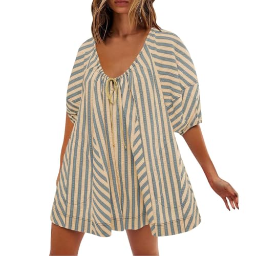 FYHTC Latzkleid für Damen, Lässig Gestreift Sommerlich Elegant Kurzer Jumpsuit Babydoll Kleid Strampler Shorts Puffärmel Trendige Strand Outfits(Apricot,Small) von FYHTC