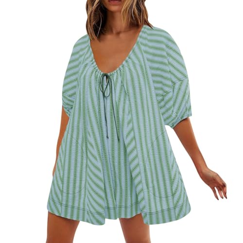 FYHTC Latzkleid für Damen, Lässig Gestreift Sommerlich Elegant Kurzer Jumpsuit Babydoll Kleid Strampler Shorts Puffärmel Trendige Strand Outfits(Light Green,Medium) von FYHTC