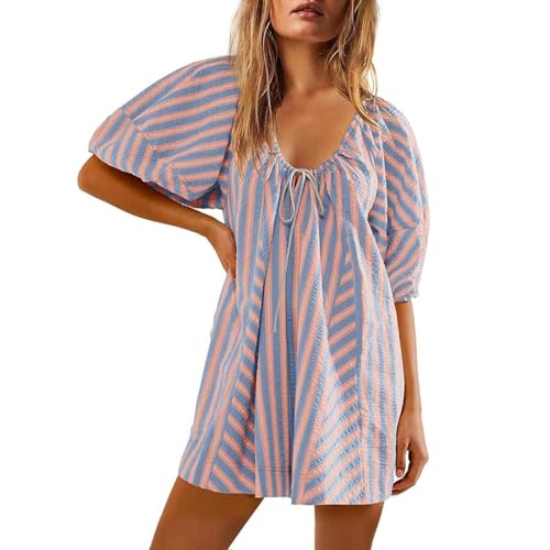 FYHTC Latzkleid für Damen, Lässig Gestreift Sommerlich Elegant Kurzer Jumpsuit Babydoll Kleid Strampler Shorts Puffärmel Trendige Strand Outfits(Light pink,Small) von FYHTC