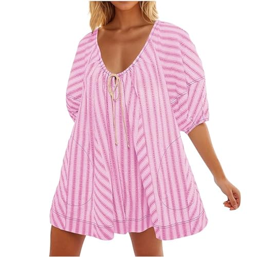FYHTC Latzkleid für Damen, Lässig Gestreift Sommerlich Elegant Kurzer Jumpsuit Babydoll Kleid Strampler Shorts Puffärmel Trendige Strand Outfits(Pink,Small) von FYHTC