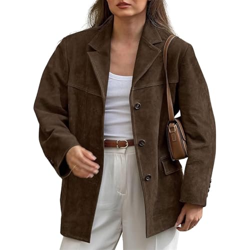 FYHTC Schicke Braune Wildlederjacke mit Revers für Damen, Ästhetisch Y2k Tasche Langärmelig Kunstlederjacke Mantel Oberbekleidung Streetwear(Large) von FYHTC