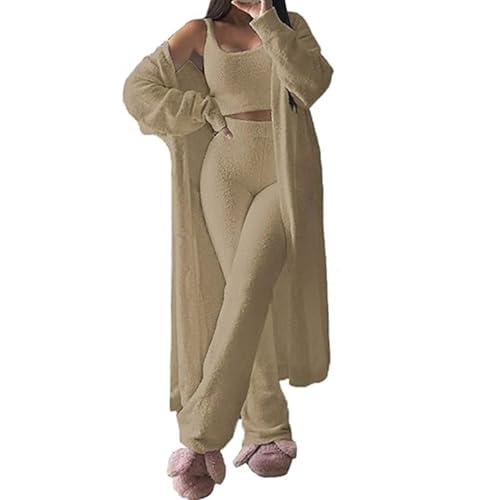 Flauschiger 3-teiliger Teddy Loungewear Anzug aus Fleece, Spaghettiträger Kurzes Tanktop Weite Lange Hose Flauschiger Kimono Kuscheliges Trainingsanzug Set Leicht(Camel,Small) von FYHTC