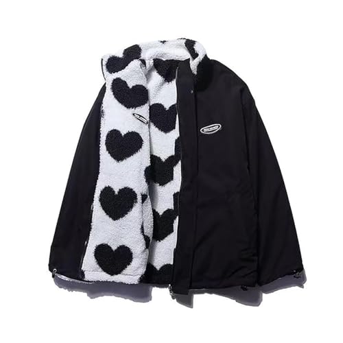 Fleece Sherpa Jacken für Damen, Wendbar Kawaii Herzen Print Flauschiger Reißverschlussmantel Ästhetische Y2k Winter Overall Oberbekleidung(Black,Small) von FYHTC