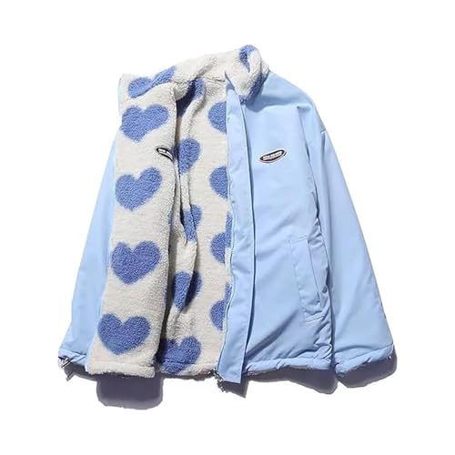Fleece Sherpa Jacken für Damen, Wendbar Kawaii Herzen Print Flauschiger Reißverschlussmantel Ästhetische Y2k Winter Overall Oberbekleidung(Blue,Small) von FYHTC