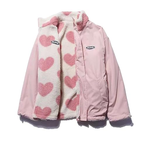 Fleece Sherpa Jacken für Damen, Wendbar Kawaii Herzen Print Flauschiger Reißverschlussmantel Ästhetische Y2k Winter Overall Oberbekleidung(Pink,Large) von FYHTC