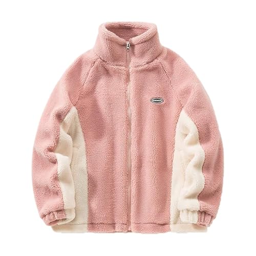 Fleecejacke Herren Winter Warm Sherpa Jacke Patchwork Teddyfleece Jacke Oberbekleidung Teddy Fleece mit Stehkragen Fluffy Shaggy Teddyjacke Winterjacke mit Reißverschluss Verdickt Plüschjacke(Pink,X-L von FYHTC