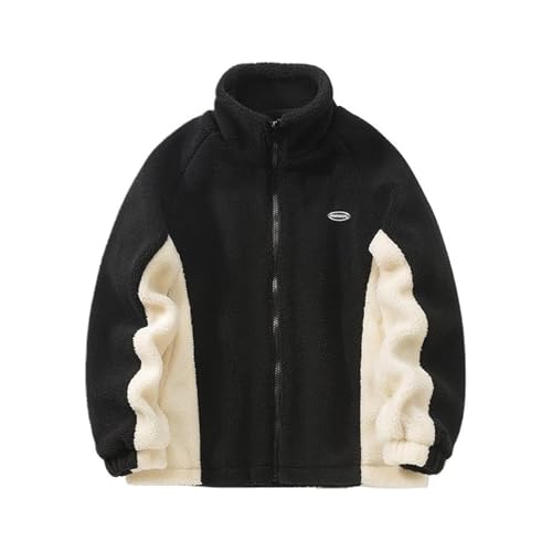 Fleecejacke Herren Winter Warm Sherpa Jacke Patchwork Teddyfleece Jacke Oberbekleidung Teddy Fleece mit Stehkragen Fluffy Shaggy Teddyjacke Winterjacke mit Reißverschluss Verdickt Plüschjacke(Black,La von FYHTC