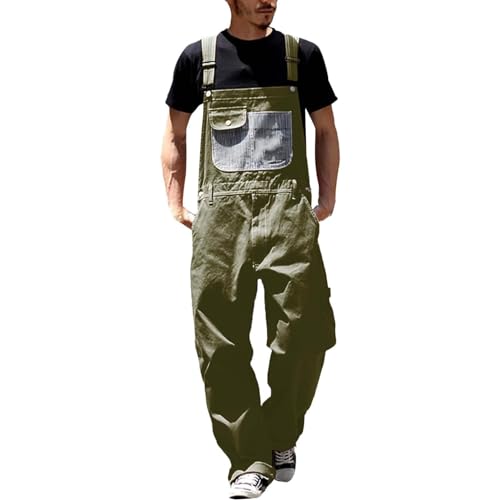 Herren Jeans Latzhose 90er Jeans Jumpsuit Overall Baggy Hip Hop Jeans Vintage Y2K Straight Leg Streetwear Arbeitshosen Jumpsuit Freizeithose Loose mit Löcher für Männer(Green,XX-Large) von FYHTC