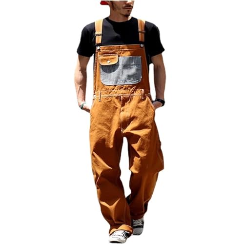Herren Jeans Latzhose 90er Jeans Jumpsuit Overall Baggy Hip Hop Jeans Vintage Y2K Straight Leg Streetwear Arbeitshosen Jumpsuit Freizeithose Loose mit Löcher für Männer(Orange,X-Large) von FYHTC