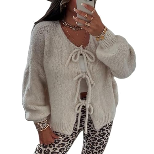 Niedliche Übergroße Strickjacke für Damen, Offene Vorderseite zum Binden, Lange Ärmel V-Ausschnitt Fliege Vorne Cadigan-Strickwaren Schleife Tops Herbst Winter Locker Grobstrick(Apricot,X-Large) von FYHTC