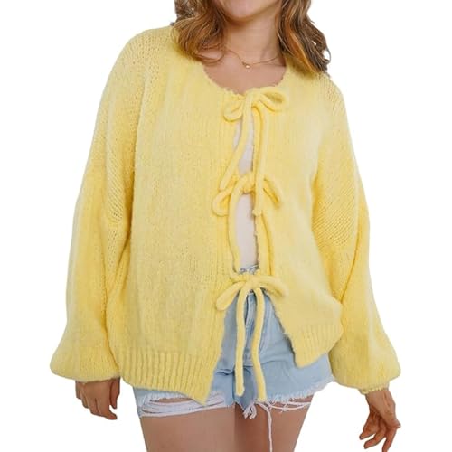 Niedliche Übergroße Strickjacke für Damen, Offene Vorderseite zum Binden, Lange Ärmel V-Ausschnitt Fliege Vorne Cadigan-Strickwaren Schleife Tops Herbst Winter Locker Grobstrick(Yellow,Medium) von FYHTC
