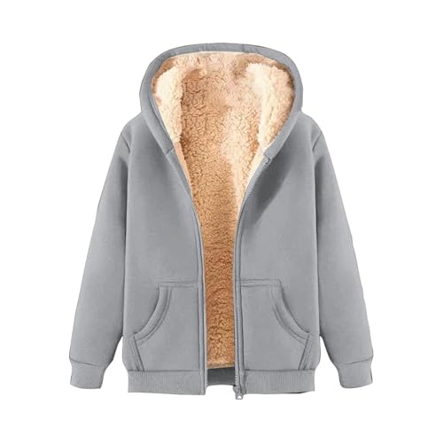Teddyfutter Hoodie Jacke Damen Reißverschluss Sweatjacke Warm Fleece Winter Herbst Kapuzenpullover Gefüttert Fleecejacke mit Kapuze(Gray,Small) von FYHTC