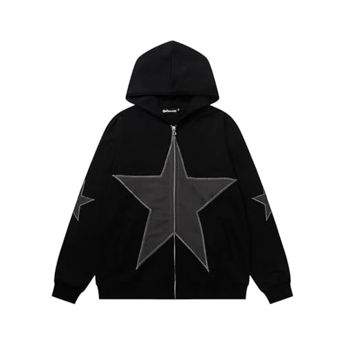 Y2K Hoodie Frauen Grunge Gothic Grafik Stars Zip Up Star Sweatshirt Emo Oversized Kapuzenjacke Harajuku Pullover Alt Kleidung(Color:Black,Size:Large) von FYHTC