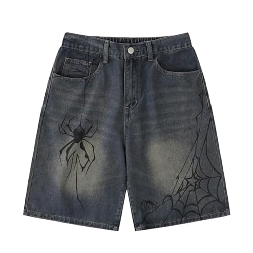 Y2K Jean Jorts Spider Baggy Casual Loose Straight Wide Leg Shorts Verstellbar Grunge Harajuku Streetwear(Color:Dark Blue,Size:Large) von FYHTC
