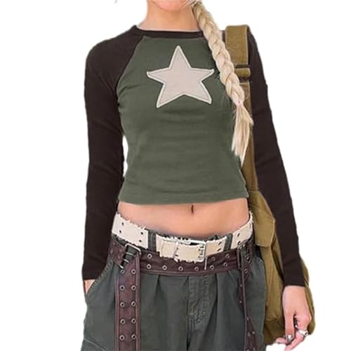 Y2K Langarm Crop Top Damen Oberteil Elegant Harajuku Langarmshirt Vintage Punk Grunge Oberteile Casual Aesthetic Tops für Teenager Mädchen(C-Black,Large) von FYHTC
