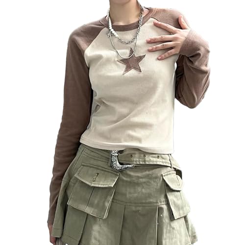 Y2K Langarm Crop Top Damen Oberteil Elegant Harajuku Langarmshirt Vintage Punk Grunge Oberteile Casual Aesthetic Tops für Teenager Mädchen(C-Khaki,Small) von FYHTC