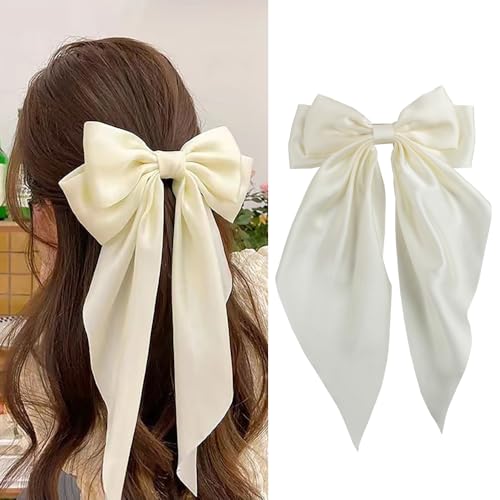 Seidige Satin-Schleife, übergroß, weiß, Haarschleife für Damen und Mädchen, Haarschmuck mit langem Schwanz, 1 Stück von FYIMUYI