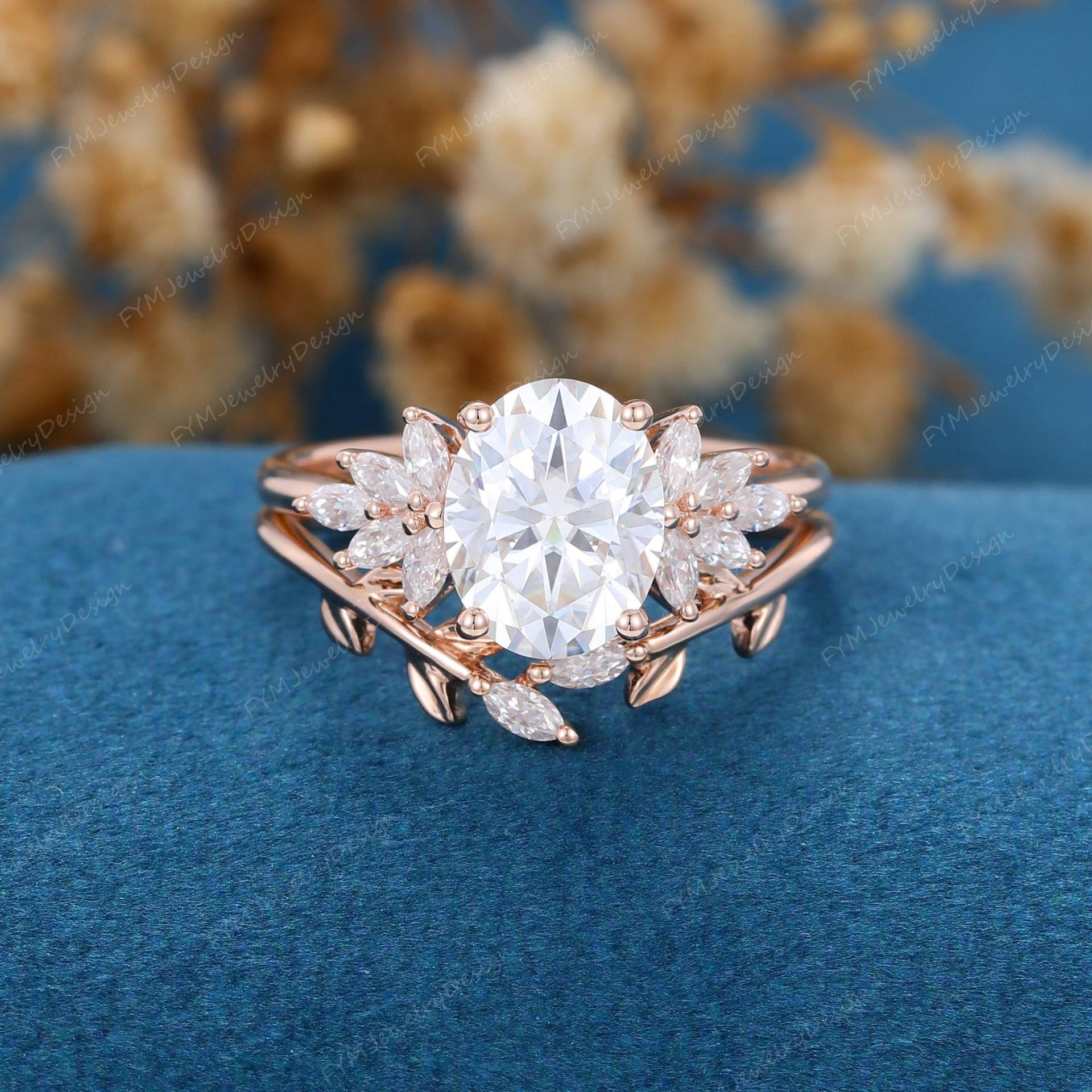 2Ct Ovalschliff Moissanite Verlobungsring Set Vintage Rosegold Cluster Marquise Art Deco Ring Diamant Braut Versprechen Geschenk von FYMJewelryDesign