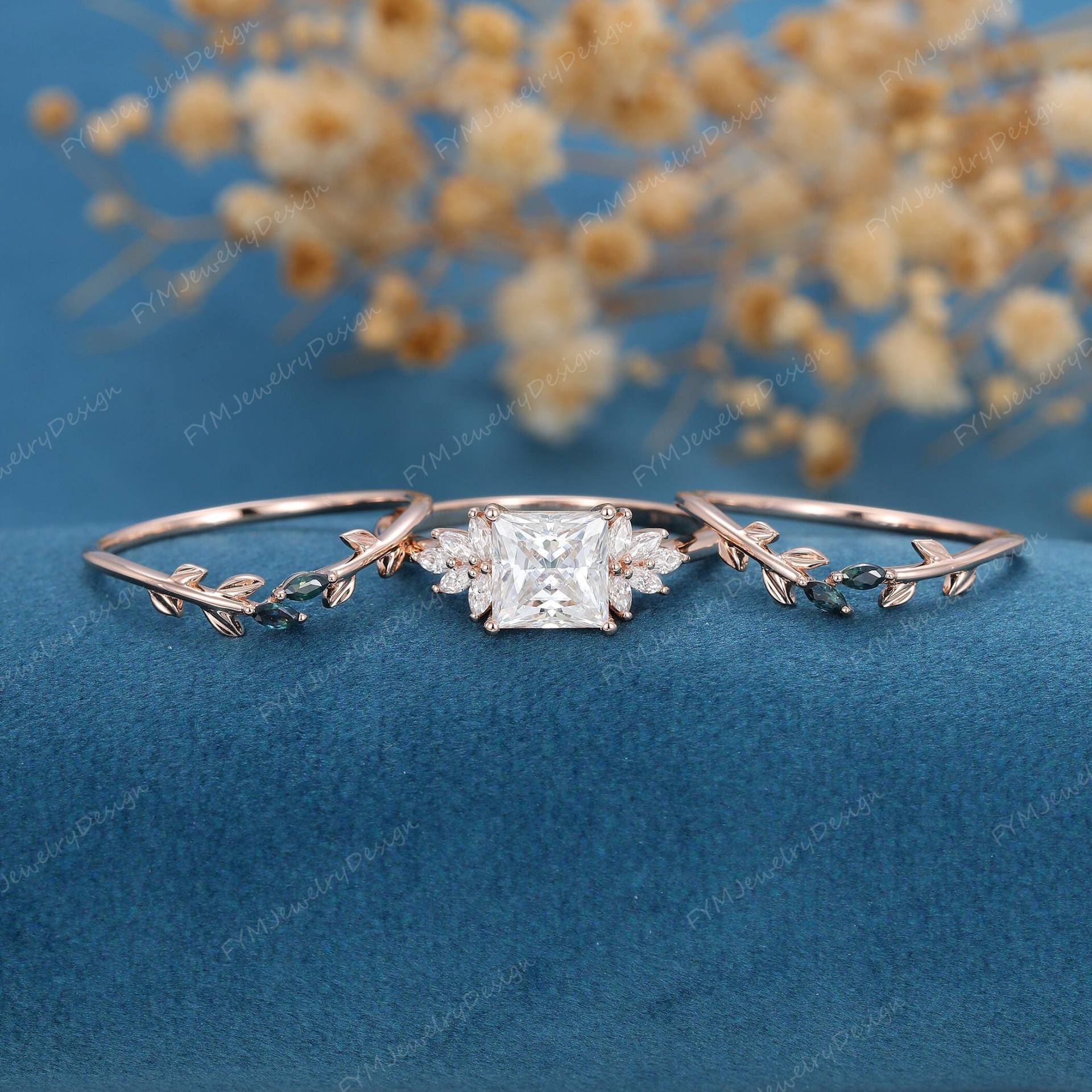 3stk Prinzessin Cut Moissanit Verlobungsring Rosegold Vintage Cluster Marquise Saphir Hochzeit Braut Geschenk von FYMJewelryDesign