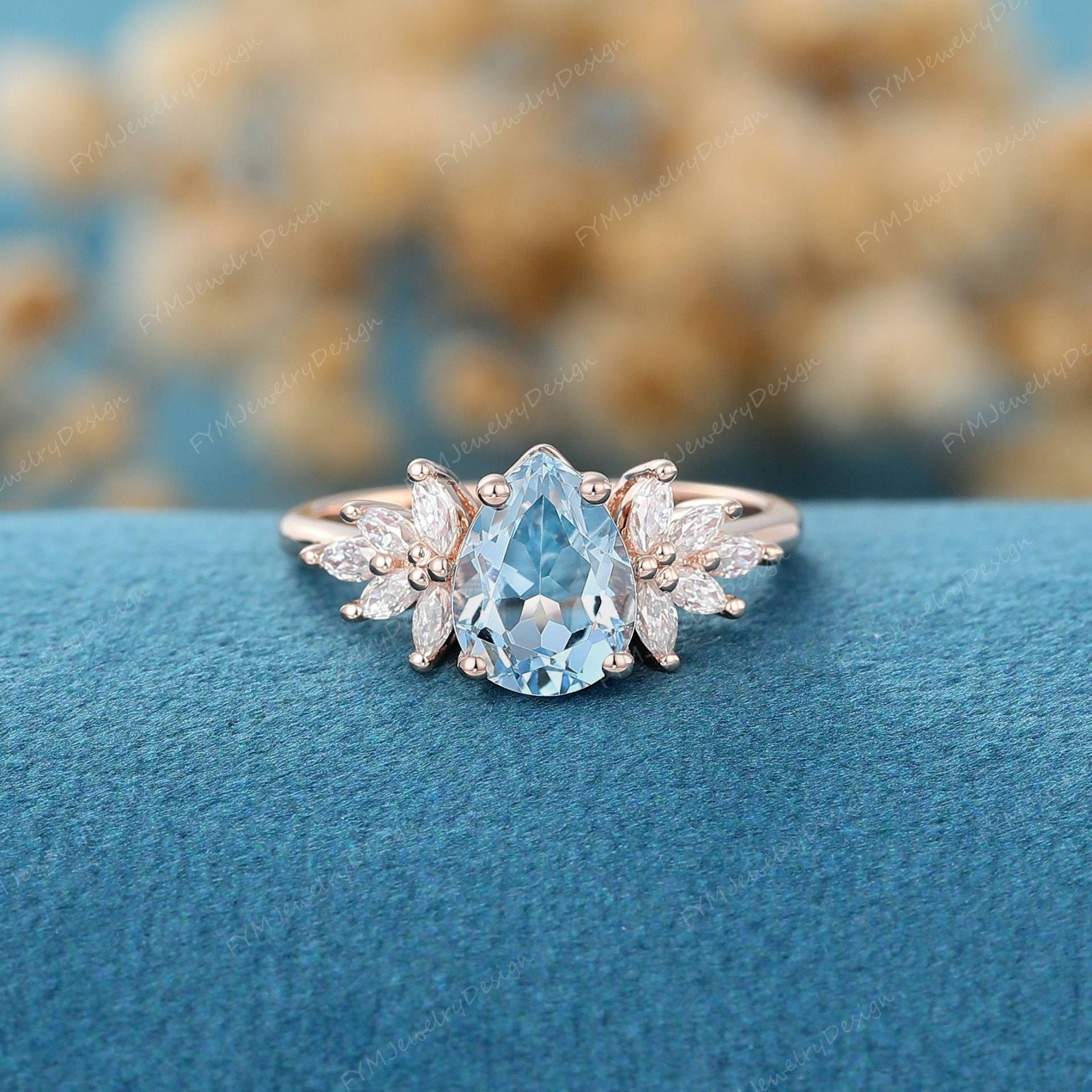 Birnenförmiger Aquamarin Verlobungsring Vintage Roségold Marquise Diamant Hochzeit Braut Versprechen Jahrestag Geschenk Für Frauen von FYMJewelryDesign