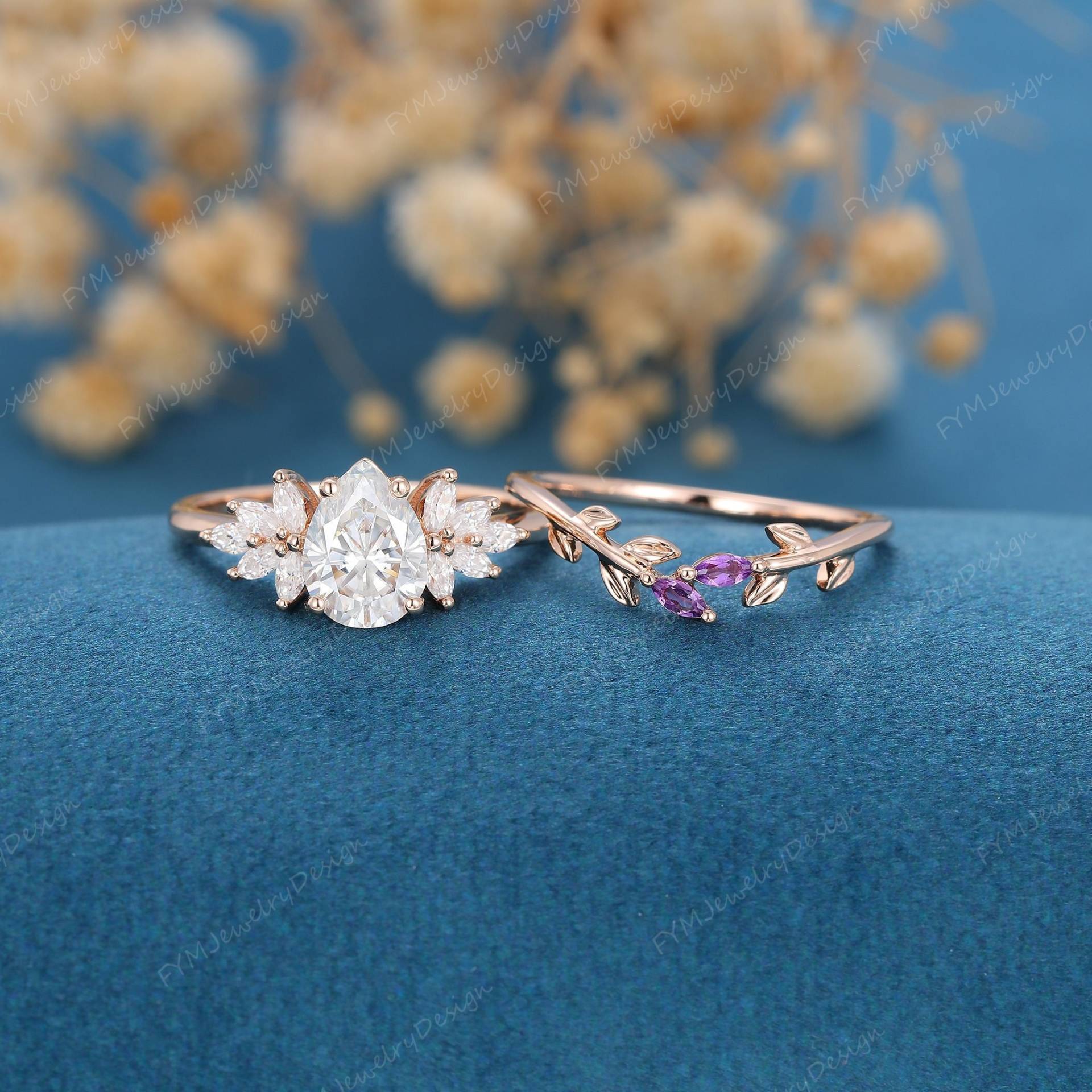 Birnenförmiger Moissanit Verlobungsring Set Vintage Roségold Cluster Marquise Amethyst Art Deco Diamant Braut Geschenk von FYMJewelryDesign