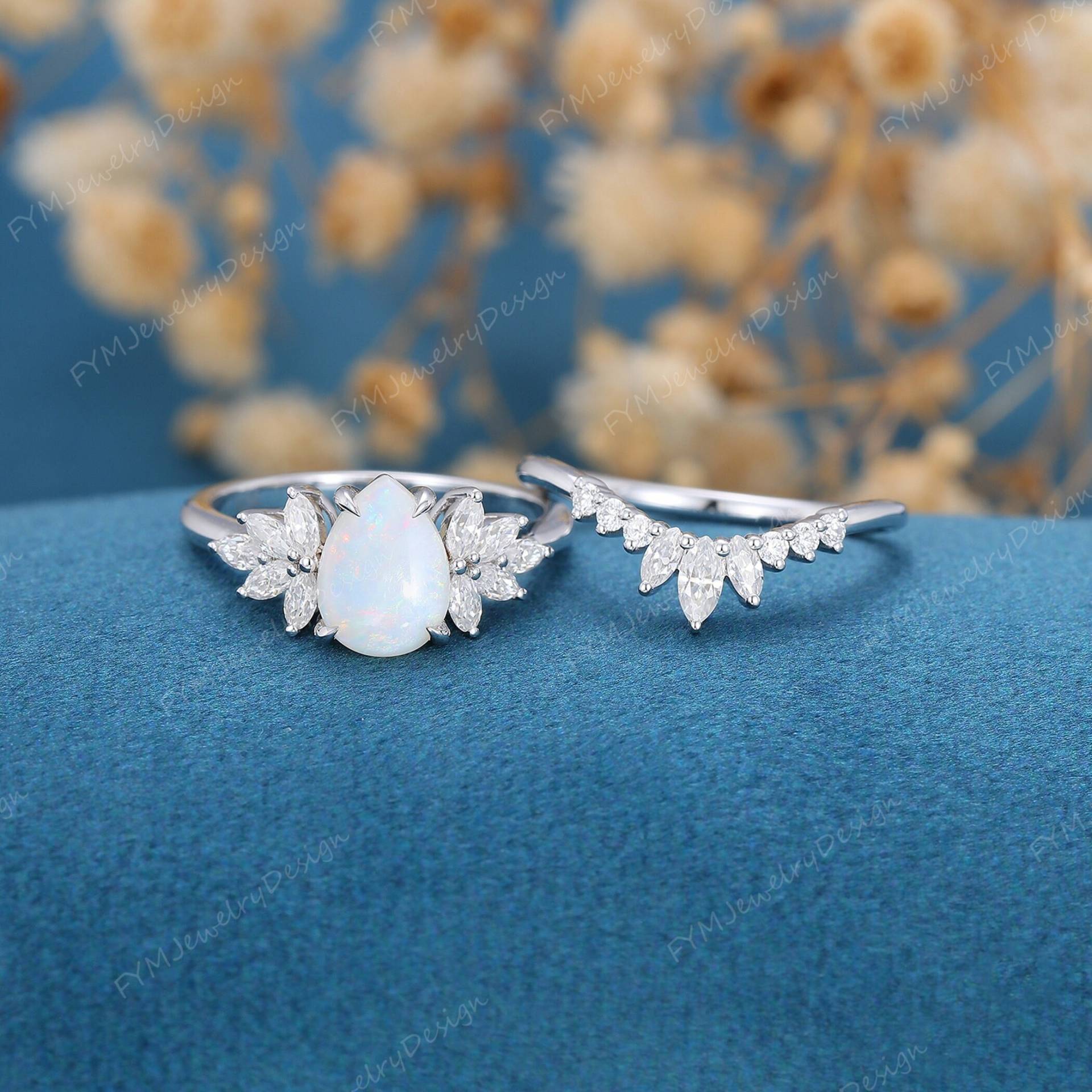 Birnenförmiger Opal Verlobungsring Set Vintage Weißgold Ring Marquise Cluster Diamant Unikat Kurve Passend Hochzeit Jahrestag Geschenk von FYMJewelryDesign