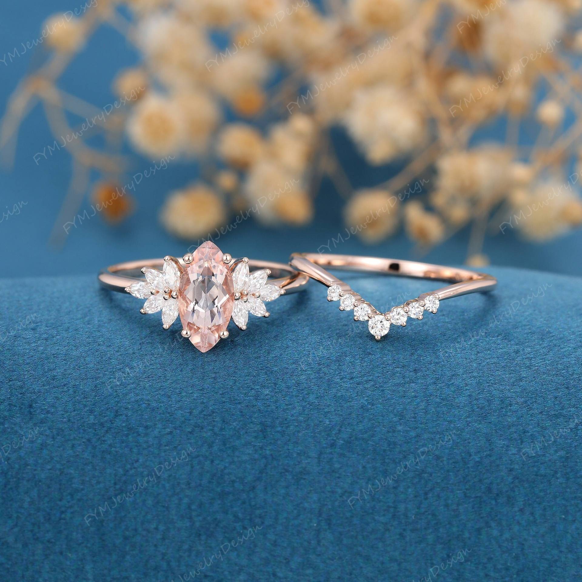 Marquise Cut Morganit Verlobungsring Set Vintage Rosegold Unikat Geschwungen Diamant Cluster Frauen Hochzeit Braut Versprechen Geschenk von FYMJewelryDesign