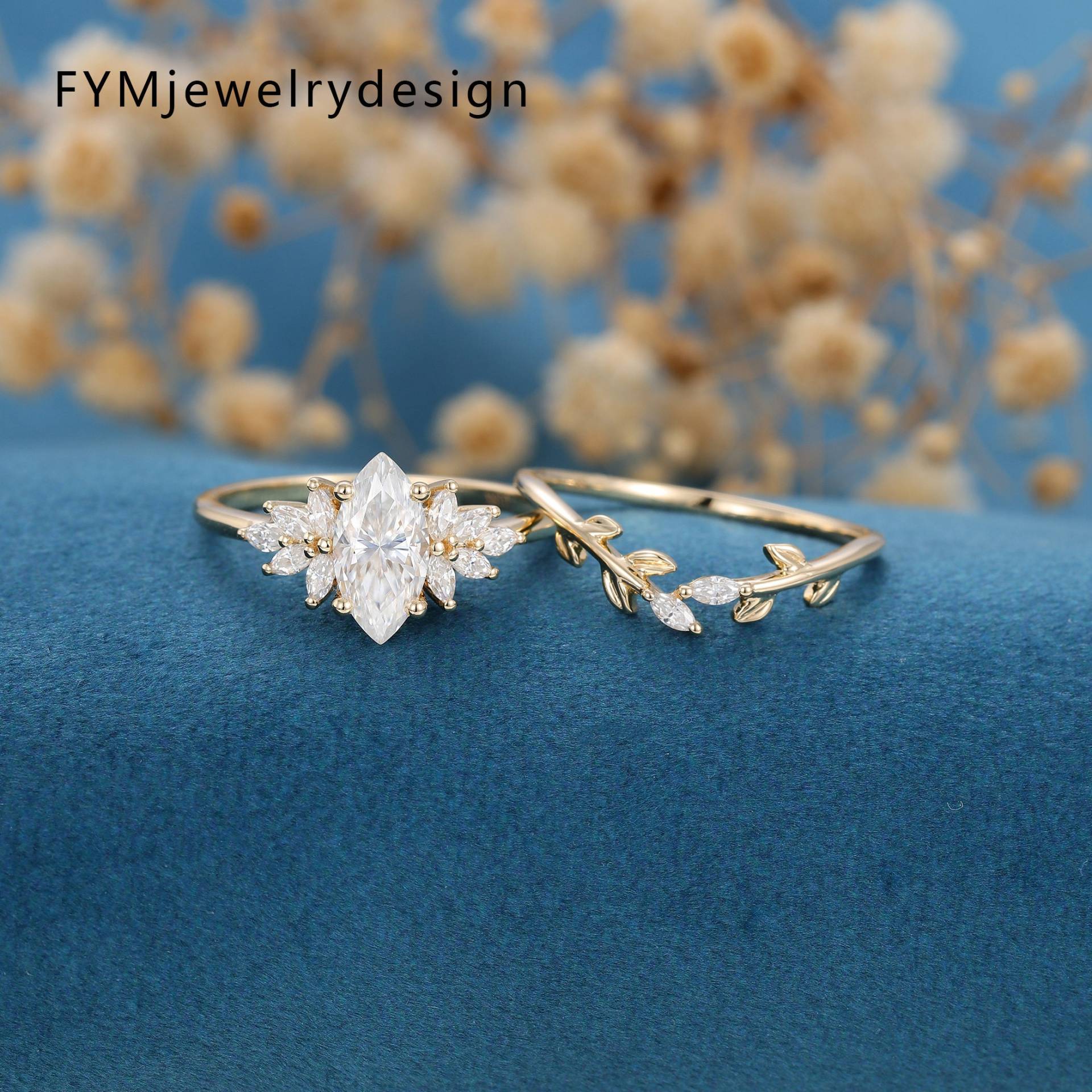 Marquise Moissanit Verlobungsring Set 14K Gelbgold Art Deco Brautschmuck von FYMJewelryDesign