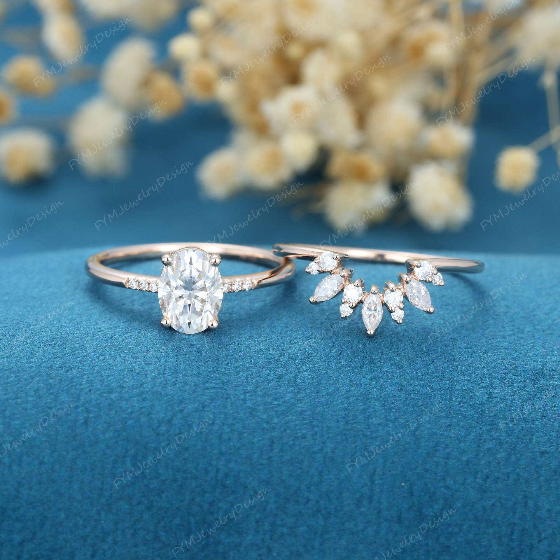 Oval Ecut Moissanite Verlobungsring Set Rose Gold Einzigartige Diamant Vintage Marquise Braut Versprechen Jahrestagsgeschenk von FYMJewelryDesign