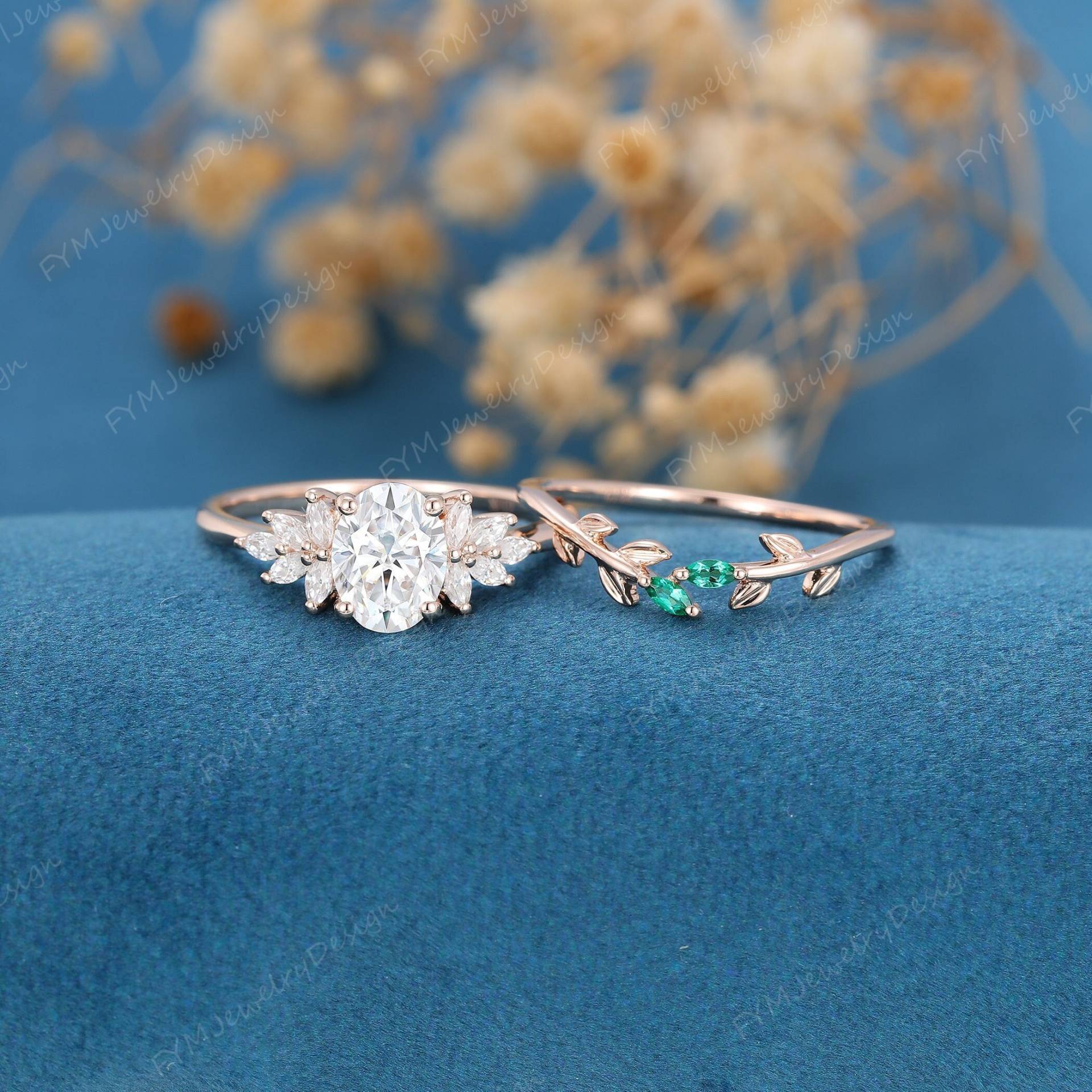 Oval Geschnittener Moissanit Verlobungsring Set Vintage Roségold Cluster Marquise Smaragd Art Deco Ring Diamant Braut Geschenk von FYMJewelryDesign
