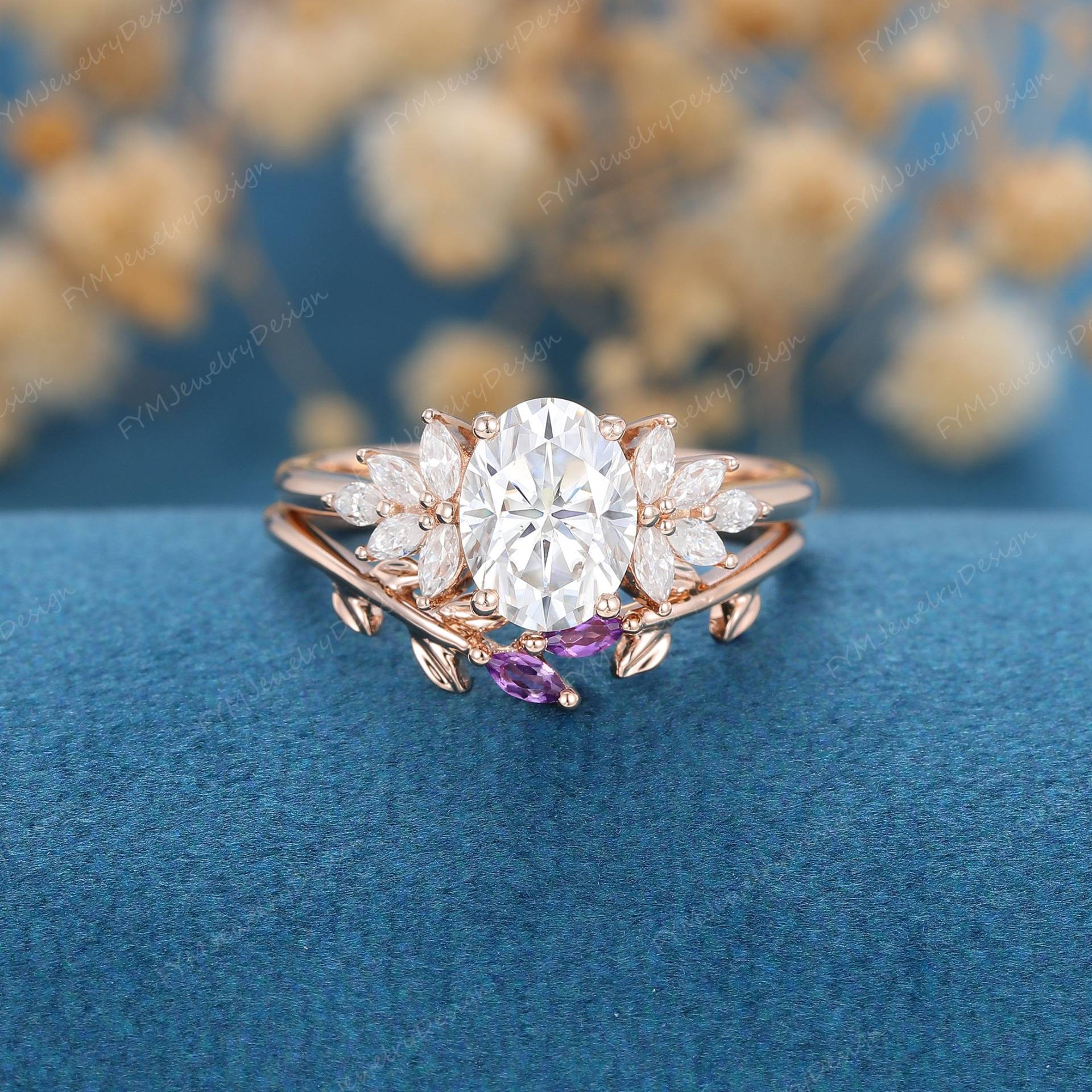 Ovalschliff Moissanite Verlobungsring Set Vintage Rosegold Cluster Marquise Amethyst Art Deco Diamant Braut Versprechen Geschenk von FYMJewelryDesign