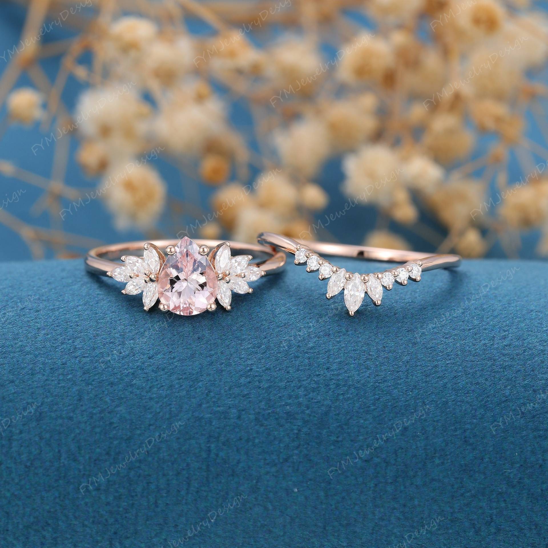 Pear Shaped Morganit Verlobungsring Set Vintage Roségold Ring Marquise Cluster Diamant Unikat Kurve Passend Hochzeit Jahrestag Geschenk von FYMJewelryDesign