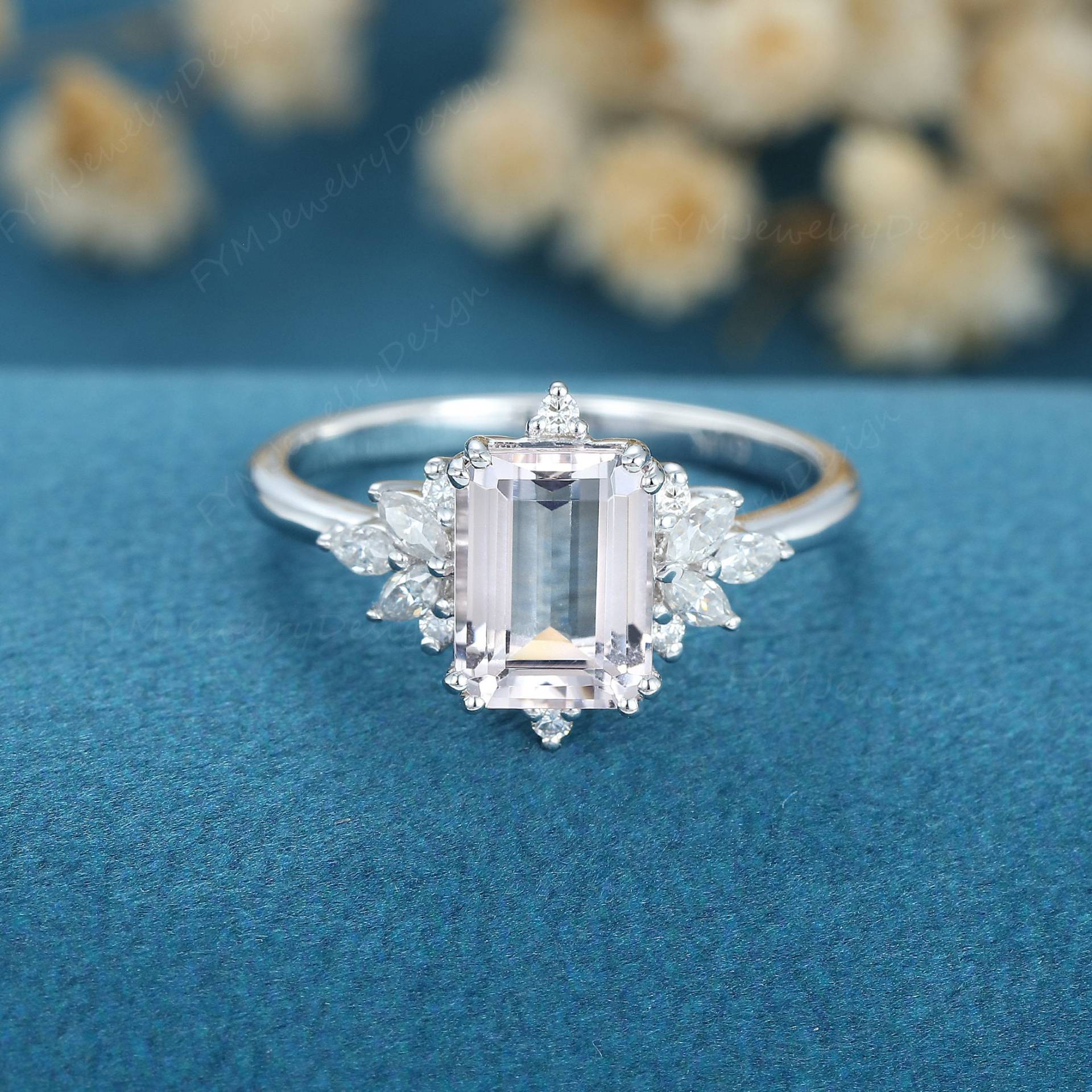 Smaragd Geschnitten Morganit Verlobungsring Vintage Weißgold Moissanite Einzigartige Diamant Hochzeit Braut Jahrestagsgeschenk Für Sie von FYMJewelryDesign