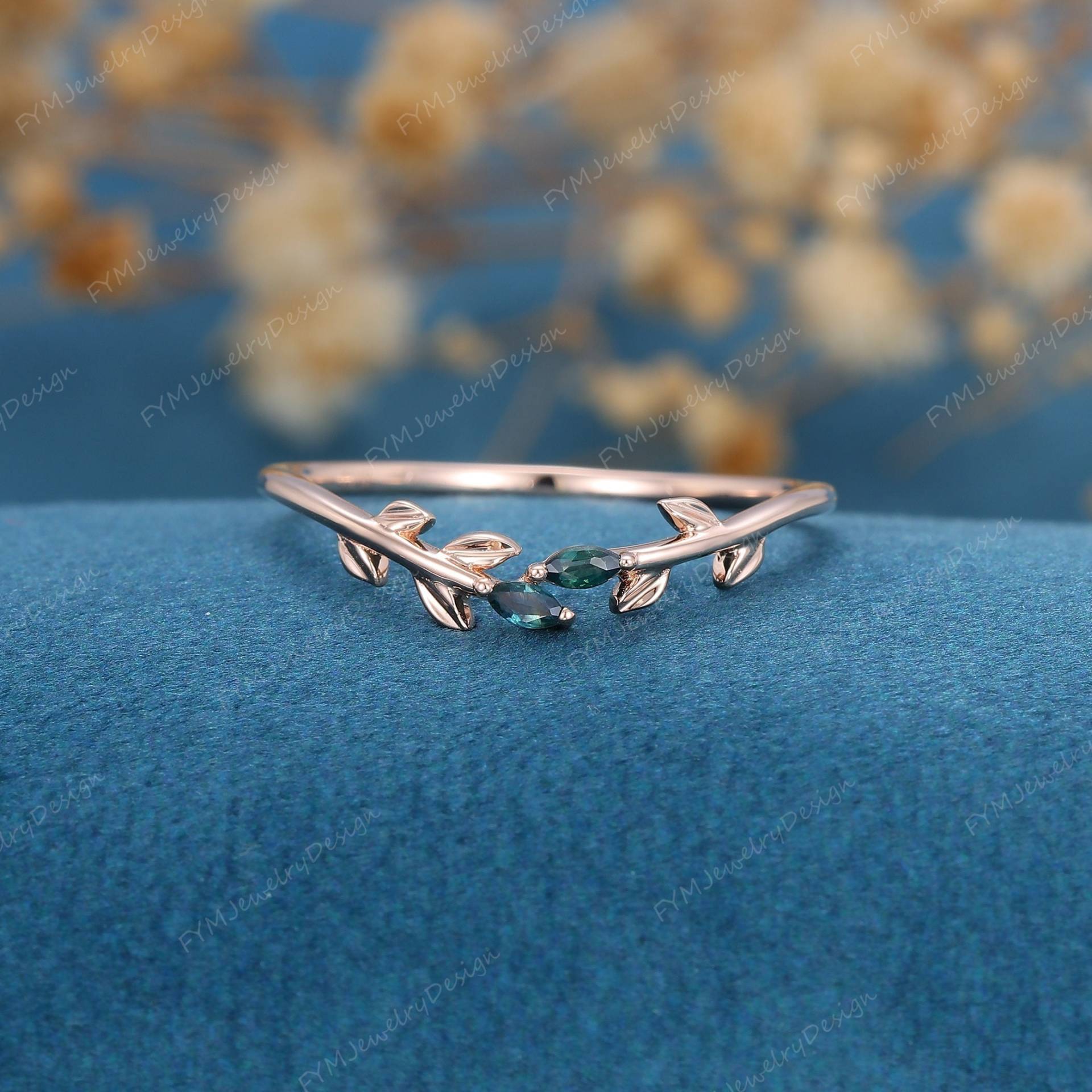 Unikat Rosegold Hochzeitsband Open Art Deco Marquise Blau Grün Saphir Blatt Ehering Vintage Versprechen Jahrestag Geschenk Für Frauen von FYMJewelryDesign