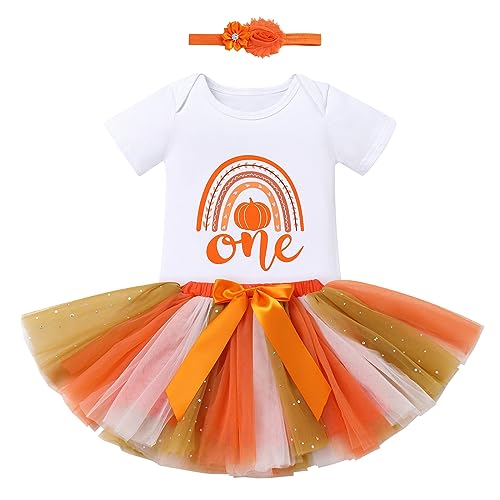 1 Geburtstag Mädchen Outfit Boho Regenbogen First Birthday Girl Kurzarm Body Tütü Prinzessin Rock Stirnband 3tlg Erster Halloween Kostüm Partykleid Bekleidungsset Fotoshooting Orange Regenbogen 9-12M von FYMNSI