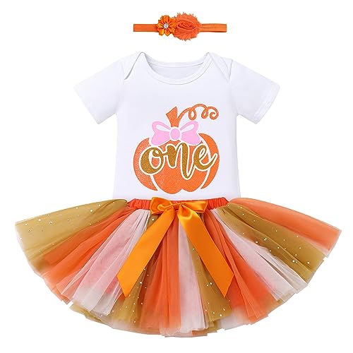 1 Geburtstag Mädchen Outfit Halloween Kürbis First Birthday Girl Kurzarm Body Tütü Prinzessin Rock Stirnband 3tlg Erster Halloween Kostüm Partykleid Bekleidungsset Fotoshooting Orange Kürbis 12-18M von FYMNSI