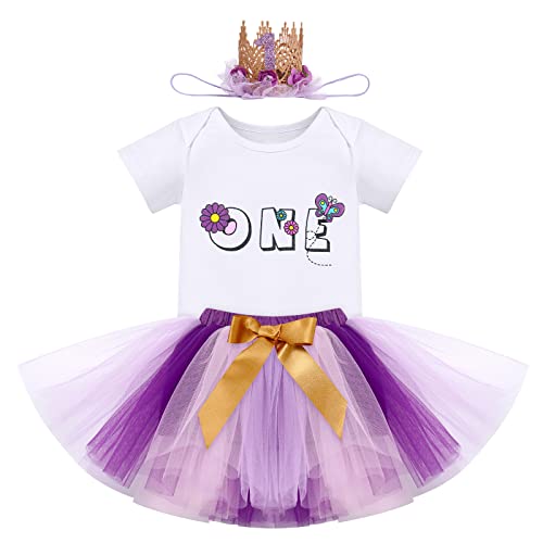 1 Jahr Erster Geburtstag Mädchen Outfit Blumen Party Kleid Cake Smash Baumwolle Kurzarm Body Strampler Tutu Rock Krone Stirnband 3tlg Sommer Bekleidungsset Fotoshooting Kostüm Violett - Schmetterling von FYMNSI